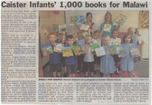 Great Yarmouth Mercury newspaper report on the donation of 1000 books by Caister Infants School to DASH to Malawi