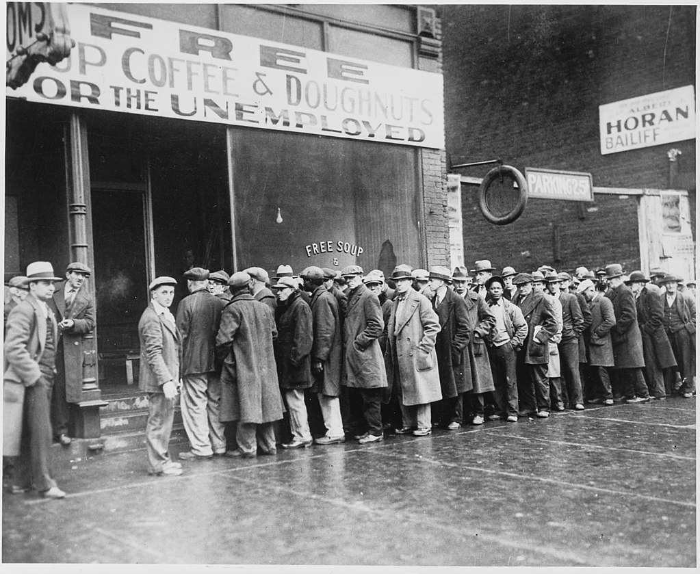 Unemployed men outside a soup kitchen opened by Al Capone in Depression-era Chicago, Illinois, US, 1931