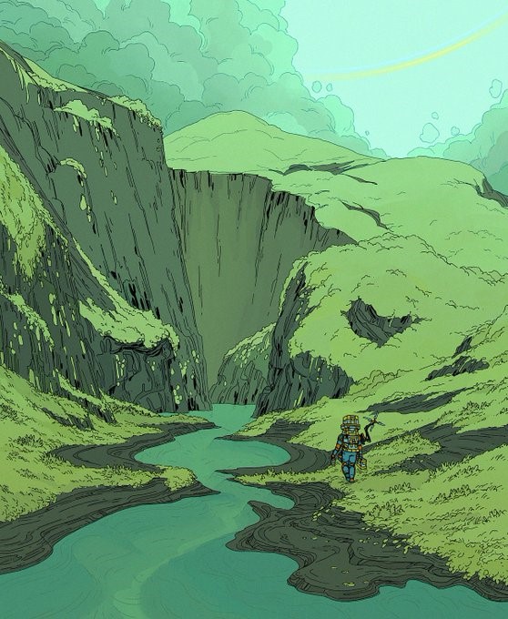 digital sketch showing a small figure with a backpack walking in a green landscape. The figure is very small compared to the cliffs and river they are walking besides. 