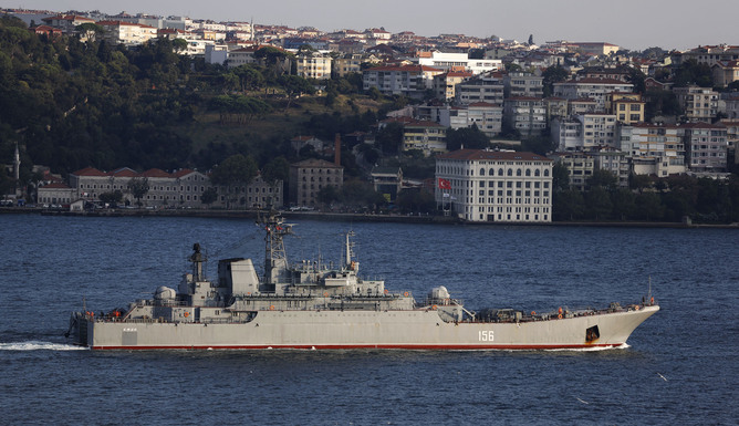Russian Navy large landing ship Yamal sets sail in the Bosphorus, on its way to the Aegean Sea, in Istanbul