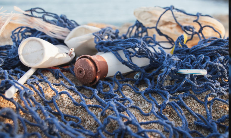 plastic caught in fishing net 