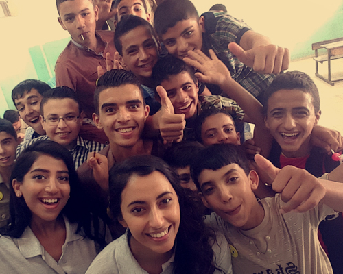 Coventry students “selfie” after a day of teaching English to boys at Al-Jaber School in Amman, Jordan