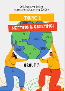 cartoon of two people holding up a globe. Text reads "topic 1: meeting and greeting"