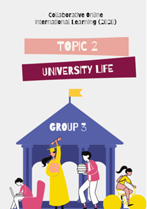 cartoon of people standing in an open-sided building. Text reads: topic 2: university life