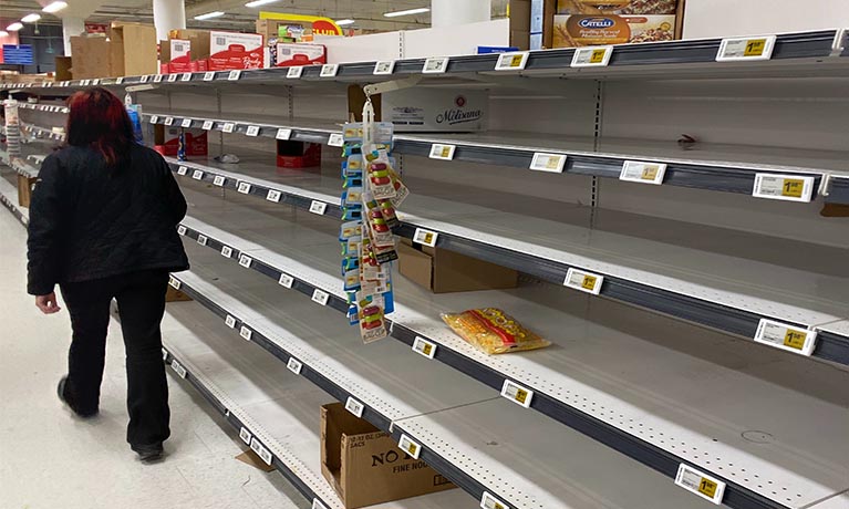 Empty supermarket shelves.
