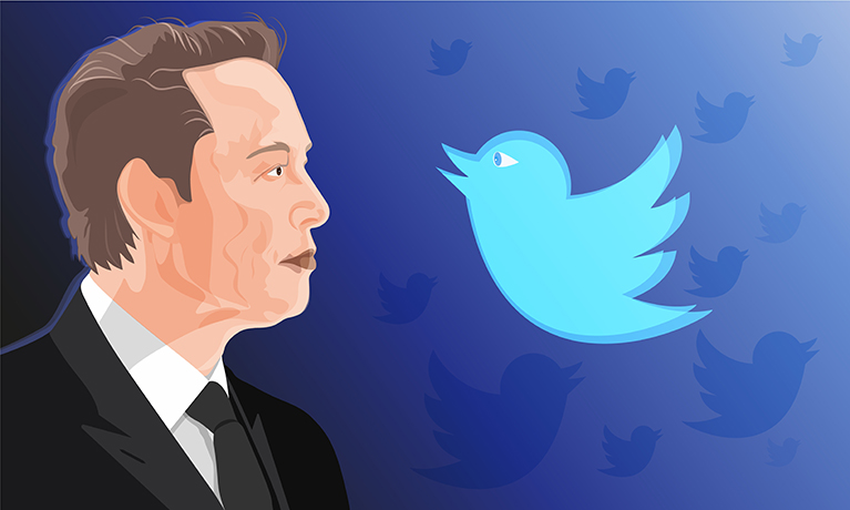 An illustration of Elon Musk and the Twitter logo