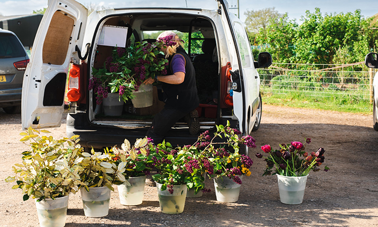 A lady loading flowers into the back of a van