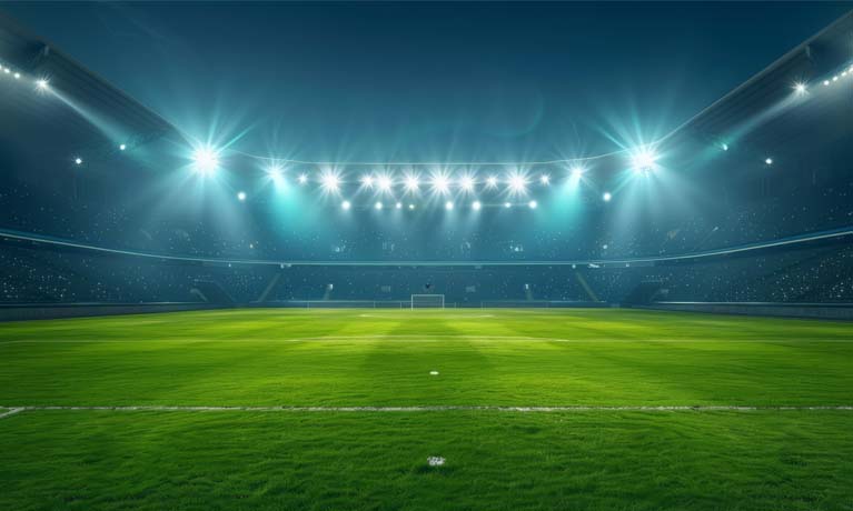 Stadium lights, Football stadium arena for match with spotlight. Soccer sport background, green grass field for competition champion match.